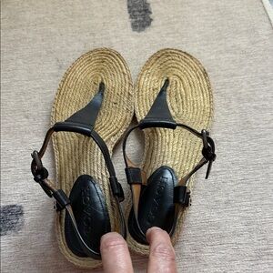 Coach Black Leather Jute Espadrille Thong Sandals